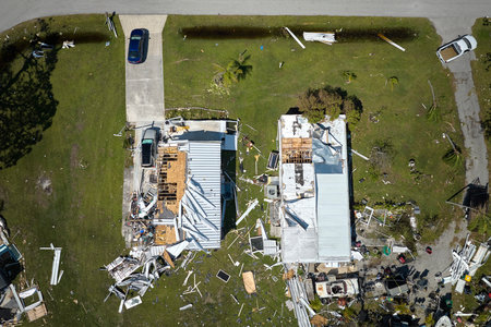 Hurricane Ian destroyed homes in Florida residential area. Natural disaster and its consequencesの写真素材