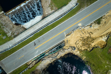Aerial view of damaged road bridge over river after flood water washed away asphalt. Rebuilding of ruined transportation infrastructureの写真素材