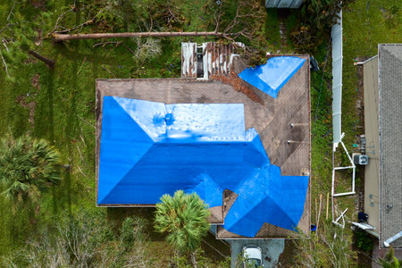 Aerial view of damaged in hurricane Ian house roof covered with blue protective tarp against rain water leaking until replacement of asphalt shinglesの写真素材