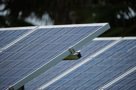 Solar photovoltaic panels mounted on stand-alone frame on backyard ground for generating of clean...