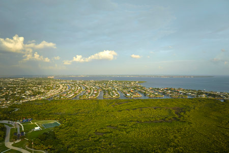 Aerial view of rural private houses in remote suburbs located near Florida wildlife wetlands with green vegetation on sea bay shore. Living close to nature conceptの写真素材