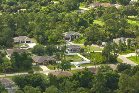 Aerial view of small town America suburban landscape with private homes between green palm trees in...