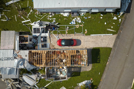 Destroyed by hurricane Ian suburban houses in Florida mobile home residential area. Consequences of...