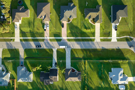Aerial view of street traffic with driving cars in small town. American suburban landscape with private homes between green palm trees in Florida quiet residential areaの写真素材