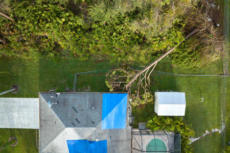 Hurricane Ian damaged house rooftop covered with protective plastic tarp against rain water leaking until replacement of asphalt shingles. Aftermath of natural disasterの写真素材
