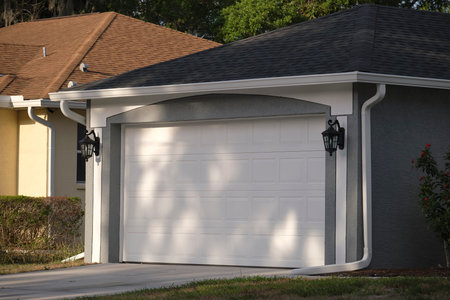 Wide garage double door and concrete driveway of new modern american houseの写真素材