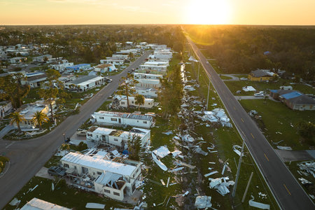 Severely damaged houses after hurricane Ian in Florida mobile home residential area. Consequences of natural disasterの写真素材
