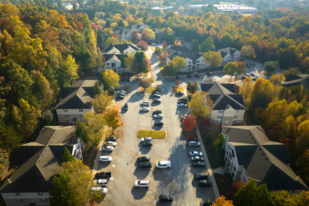 Aerial view of american apartment buildings in South Carolina residential area. New family condos as example of real estate development in USA suburbsの写真素材