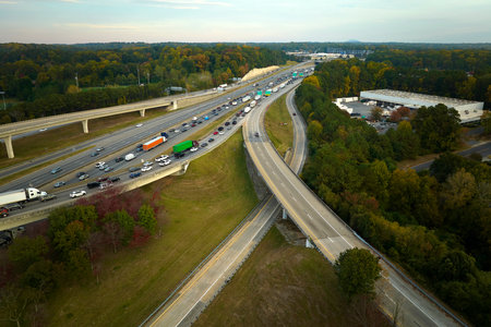 American freeway intersection with fast driving cars and trucks. View from above of USA...