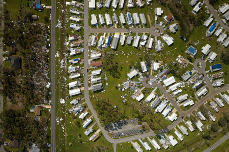 Badly damaged mobile homes after hurricane Ian in Florida residential area. Consequences of natural disasterの写真素材