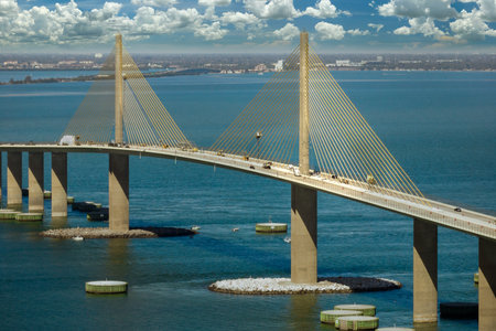 Aerial view of Sunshine Skyway Bridge over Tampa Bay in Florida with moving traffic. Concept of transportation infrastructureの写真素材