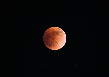 Red blood full Moon on black sky background. Supermoon lunar eclipse