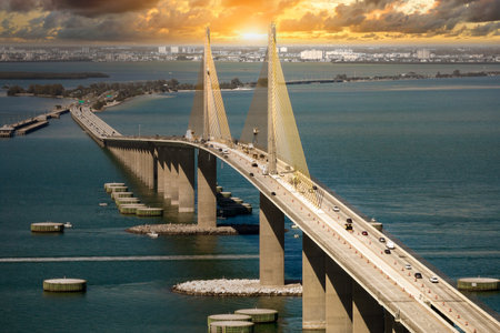 Sunshine Skyway Bridge over Tampa Bay in Florida with moving traffic. Concept of transportation infrastructureの写真素材