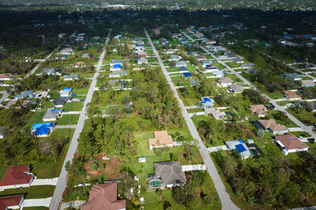 Top view of leaking house roofs covered with protective tarp sheets against rain water leaks until replacement of asphalt shingles. Damage of building rooftop as aftermath of hurricane Ian in Floridaの写真素材