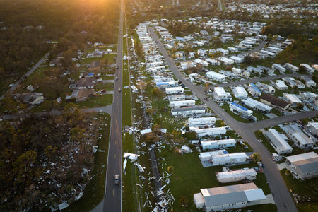 Destroyed by hurricane Ian suburban houses in Florida mobile home residential area. Consequences of natural disasterの写真素材