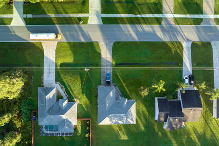 Aerial view of american small town in Florida with private homes between green palm trees and suburban streets in quiet residential areaの写真素材
