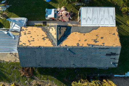 Collapsed and damaged mobile homes after hurricane Ian swept through Florida residential area....