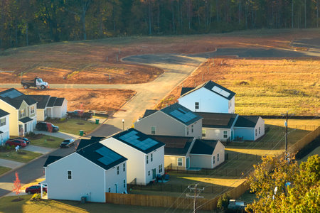 Aerial view of construction site with new tightly packed homes in South Carolina. Family houses as example of real estate development in american suburbsの写真素材