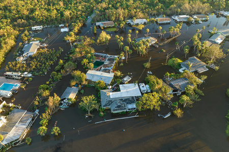 Consequences of natural disaster. Heavy flood with high water surrounding residential houses after hurricane Ian rainfall in Florida residential areaの写真素材