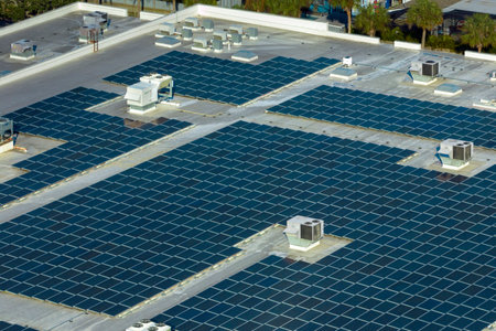Aerial view of solar power plant with blue photovoltaic panels mounted on industrial building roof...
