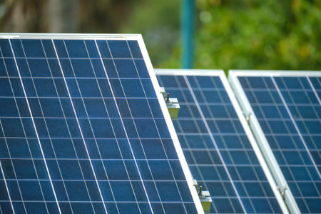 Sustainable electric power plant with solar photovoltaic panels for producing clean electrical energy. Renewable electricity with zero emission conceptの写真素材