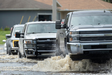 Flooded american street with moving vehicles surrounded with water in Florida residential area. Consequences of hurricane natural disasterの写真素材