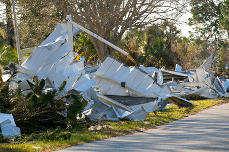 Scrap metal disposed in heaps on street side after hurricane severely damaged houses in Florida mobile home residential area. Consequences of natural disasterの写真素材