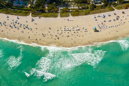 American southern seashore of Miami Beach city. Tourist infrastructure in Florida, USA. South Beach high luxurious hotels and apartment buildingsの写真素材