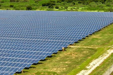 Aerial view of large sustainable electrical power plant with rows of solar photovoltaic panels for producing clean electric energy. Concept of renewable electricity with zero emissionの写真素材