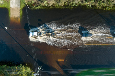 Flooded road in Florida after heavy hurricane rainfall. Aerial view of evacuating cars and surrounded with water houses in suburban residential areaの写真素材