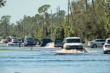Hurricane flooded street with moving cars and surrounded with water houses in Florida residential...