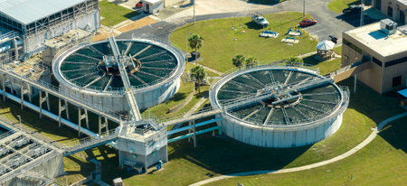 Modern water cleaning facility at urban wastewater treatment plant. Purification process of removing...