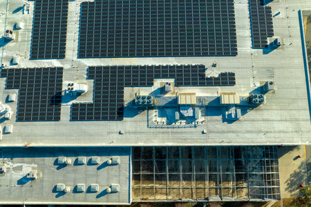 Production of sustainable energy. Aerial view of solar power plant with blue photovoltaic panels...