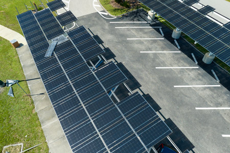Destroyed by hurricane wind photovoltaic solar panels mounted on carport roof for producing green...