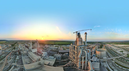 Aerial view of cement factory with high concrete plant structure and tower crane at industrial...
