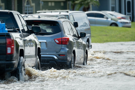 Flooded town street with moving cars submerged under water in Florida residential area after...