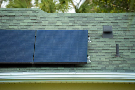 Residential house with rooftop covered with solar photovoltaic panels for producing of clean...