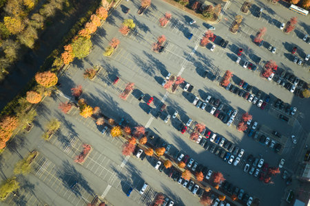 View from above of many parked cars on parking lot with lines and markings for parking places and directions. Place for vehicles in front of a strip mall centerの写真素材