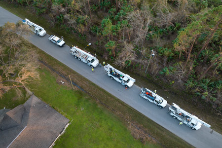 Aerial view of electrician workers repairing damaged power lines after hurricane in Florida suburban...