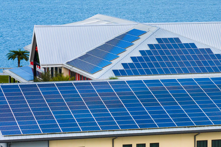 Photovoltaic panels for producing clean ecological electric energy. Florida office building with...