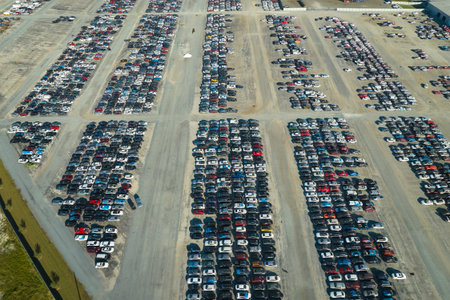 Used damaged cars on auction reseller company big parking lot ready for resale services. Sales of...