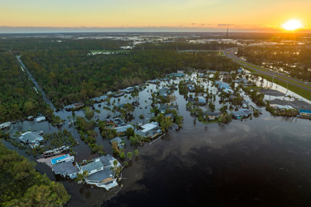 Surrounded by hurricane Ian rainfall flood waters homes in Florida residential area. Aftermath of natural disasterの写真素材