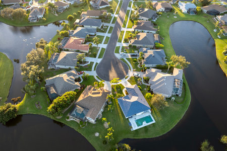 Aerial evening view of spacious family houses in Florida suburban area. Real estate development in...