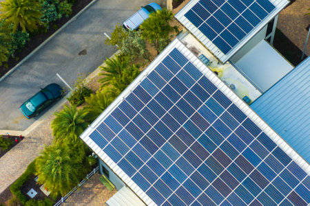 Solar rooftop on commercial center in Florida. Photovoltaic panels for producing of clean ecological...