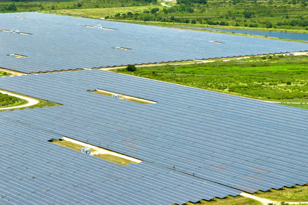 Aerial view of large sustainable electrical power plant with rows of solar photovoltaic panels for...
