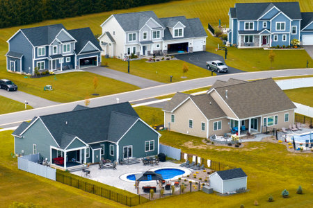 View from above of residential houses in living area in Rochester, NY. American dream homes as example of real estate development in US suburbsの写真素材