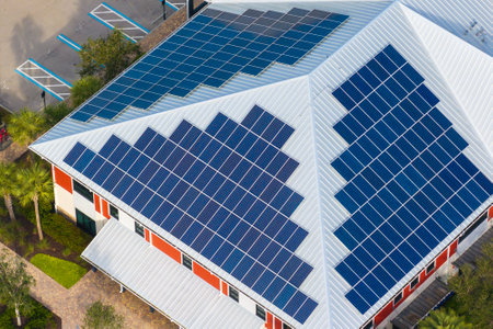 Photovoltaic panels on solar rooftop of Florida commercial building for producing clean ecological...