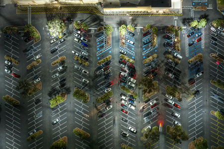 Many parked cars on store parking lot with lines and markings for parking places and directions....