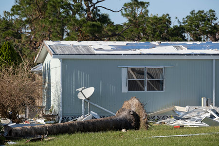 Severely damaged houses after hurricane in Florida mobile home residential area. Consequences of...