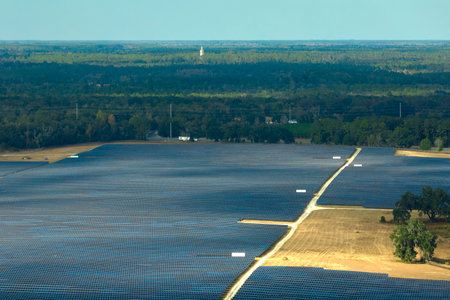 Aerial view of big sustainable electric power plant with many rows of solar photovoltaic panels for...